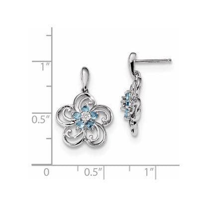14k White Gold Real Diamond & Blue Topaz Flower Dangle Post Earrings
