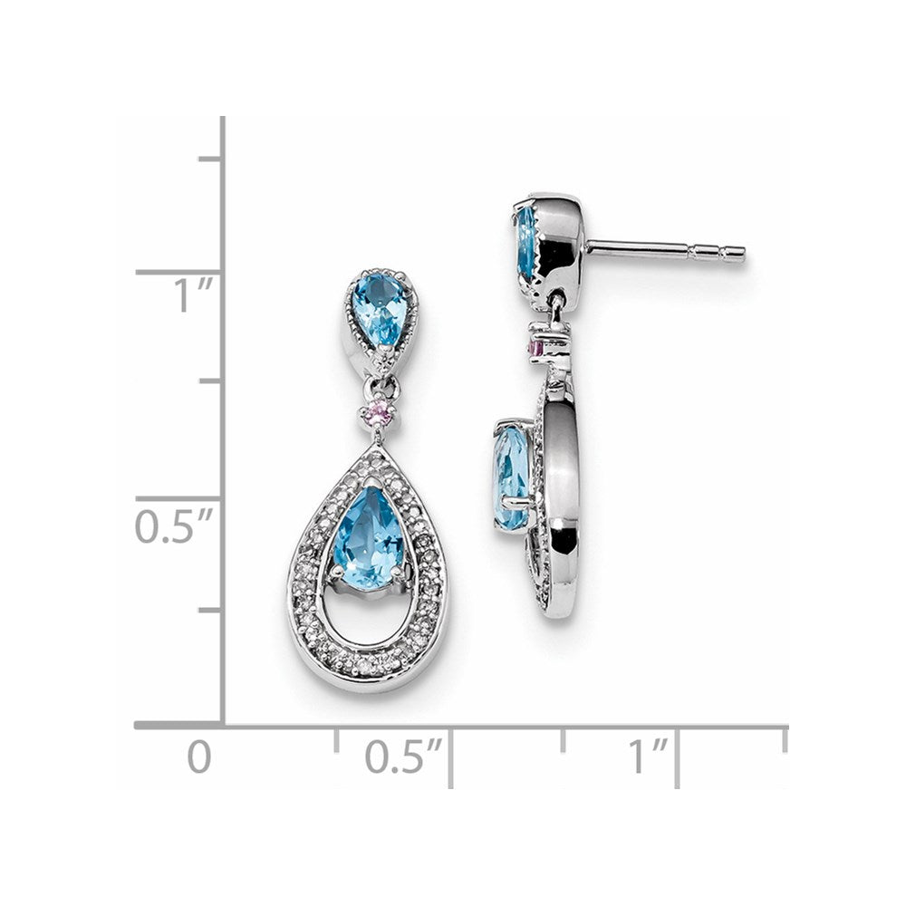 14k White Gold Real Diamond, Blue Topaz & Pink Sapphire Post Dangle Earrings XE3149BT/AA