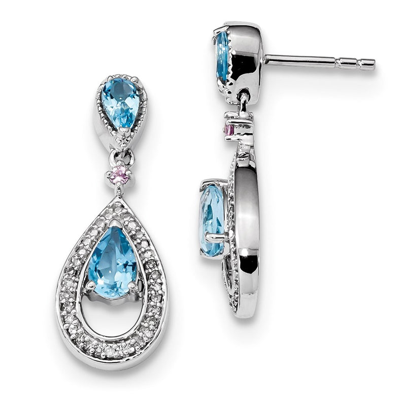 14k White Gold Real Diamond, Blue Topaz & Pink Sapphire Post Dangle Earrings XE3149BT/AA