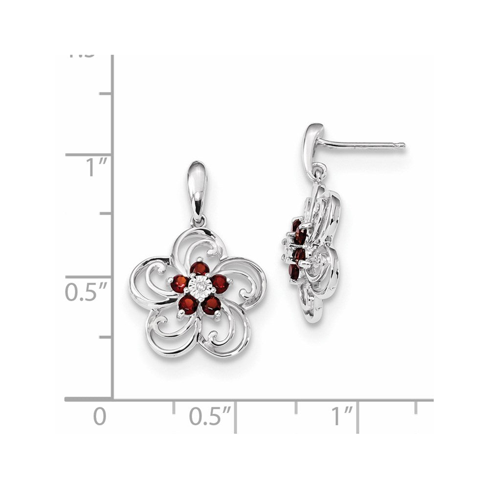 14k White Gold Real Diamond & Garnet Flower Dangle Post Earrings