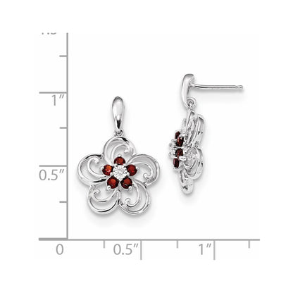 14k White Gold Real Diamond & Garnet Flower Dangle Post Earrings