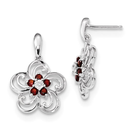 14k White Gold Real Diamond & Garnet Flower Dangle Post Earrings