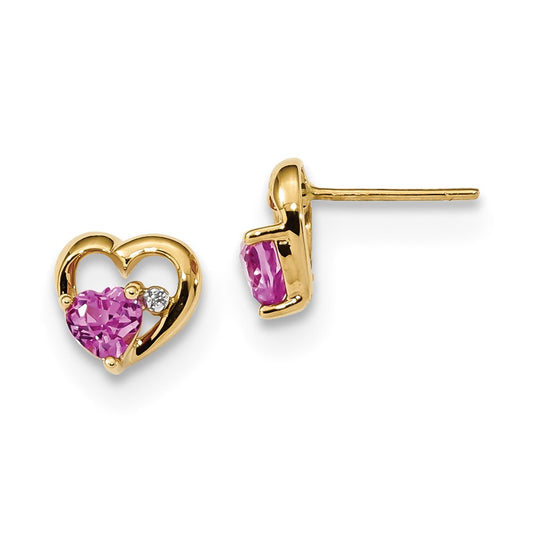 14k Yellow Gold w/ Created Pink Sapphire & Real Diamond Post Heart Earrings