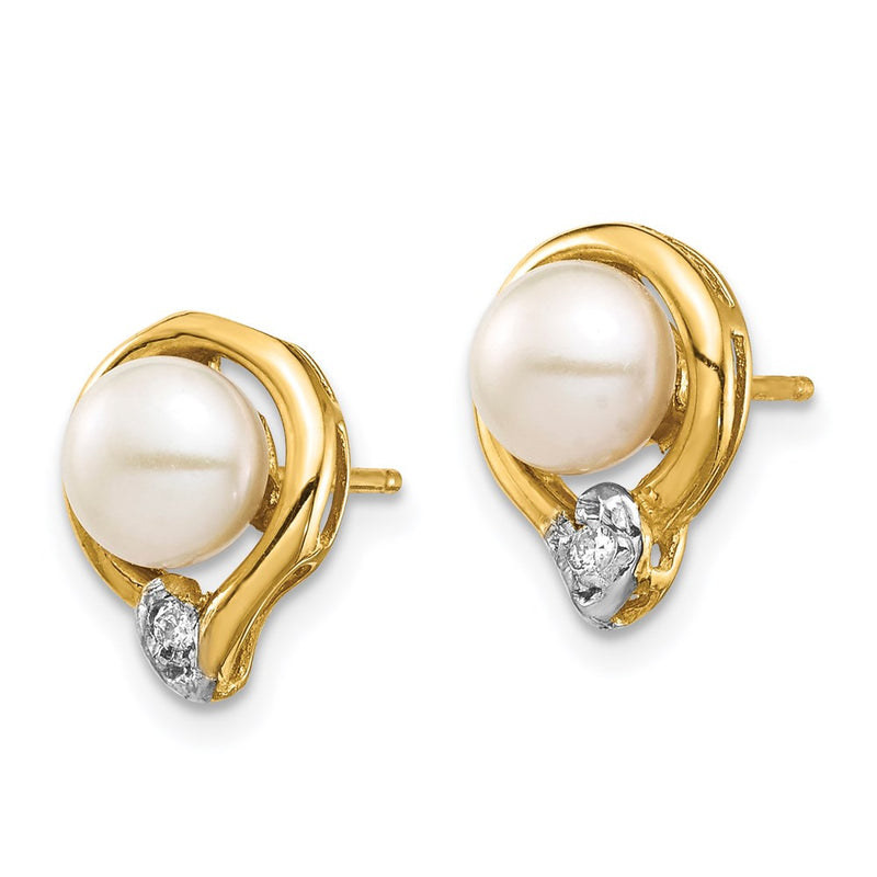 14k Yellow Gold 5-6mm White Button FW Cultured Pearl .02ct Real Diamond Post Earrings