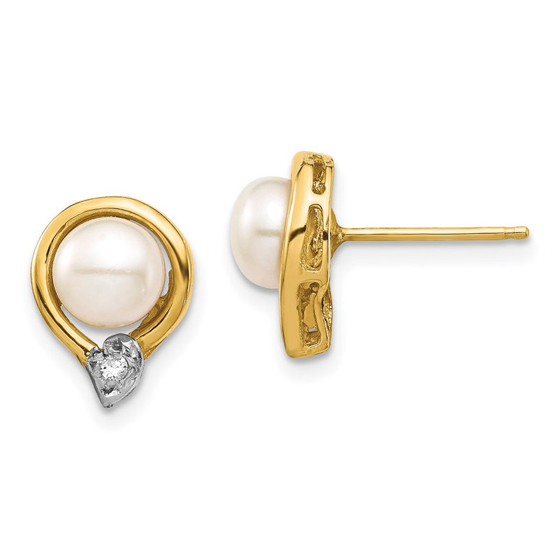 14k Yellow Gold 5-6mm White Button FW Cultured Pearl .02ct Real Diamond Post Earrings