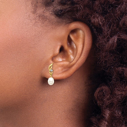 14k Yellow Gold 5-6mm White Rice FW Cultured Pearl .02ct Real Diamond Dangle Earrings