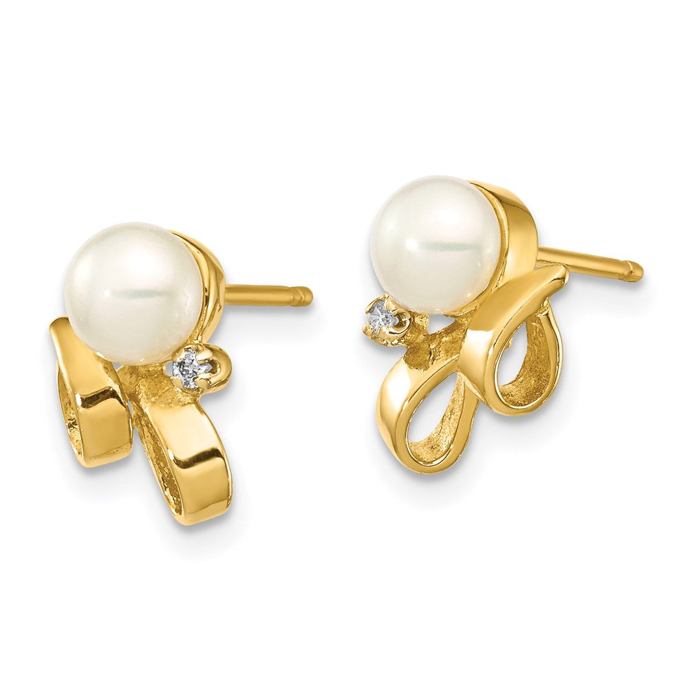 14k Yellow Gold 4-5mm White Button FW Cultured Pearl .02ct Real Diamond Post Earrings