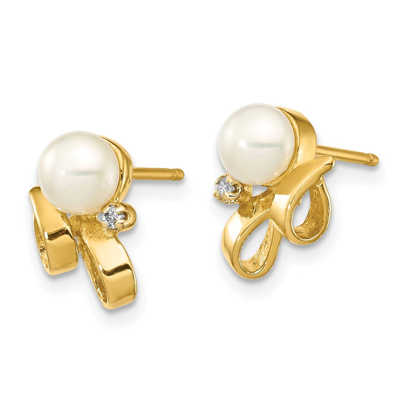 14k Yellow Gold 4-5mm White Button FW Cultured Pearl .02ct Real Diamond Post Earrings