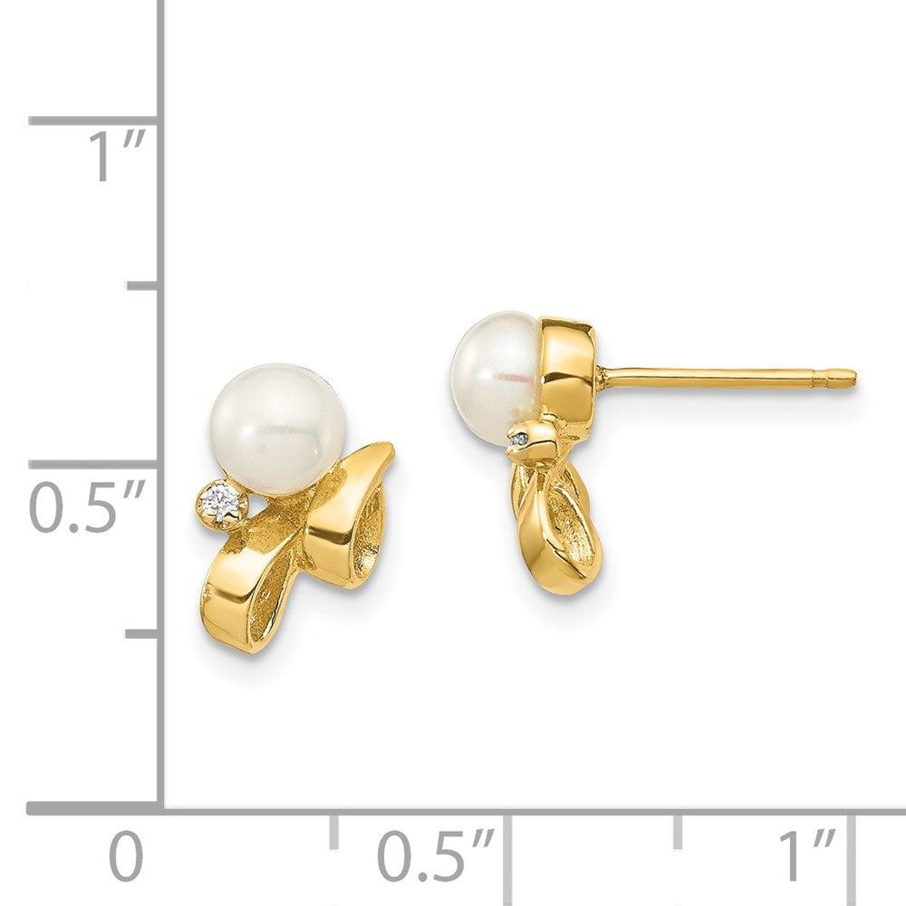 14k Yellow Gold 4-5mm White Button FW Cultured Pearl .02ct Real Diamond Post Earrings