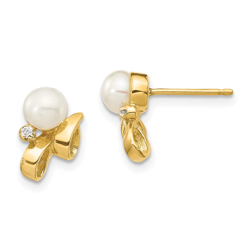 14k Yellow Gold 4-5mm White Button FW Cultured Pearl .02ct Real Diamond Post Earrings