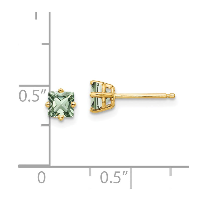 14k Yellow Gold 4mm Square Green Quartz Earrings