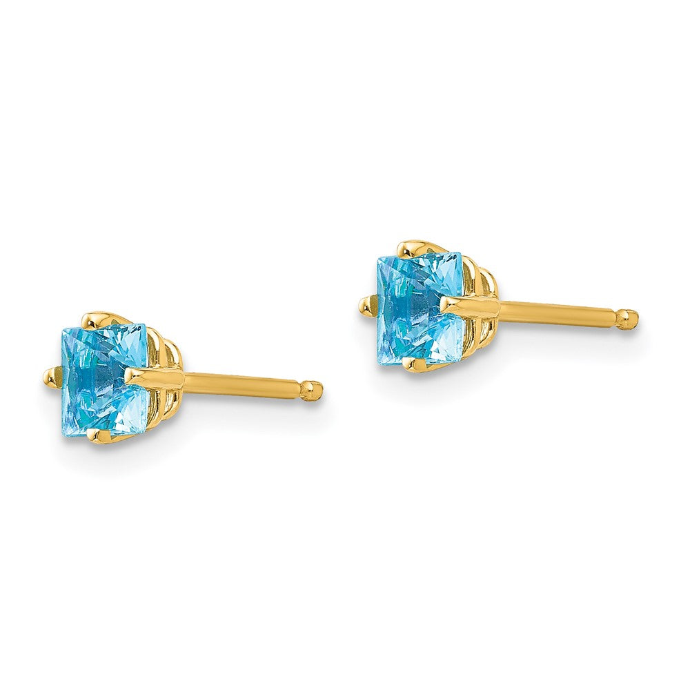 14k Yellow Gold 4mm Princess Cut Blue Topaz Earrings