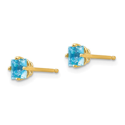 14k Yellow Gold 4mm Princess Cut Blue Topaz Earrings