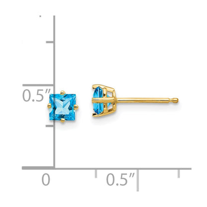 14k Yellow Gold 4mm Princess Cut Blue Topaz Earrings