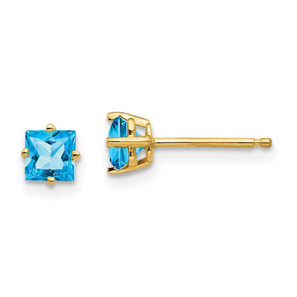 14k Yellow Gold 4mm Princess Cut Blue Topaz Earrings