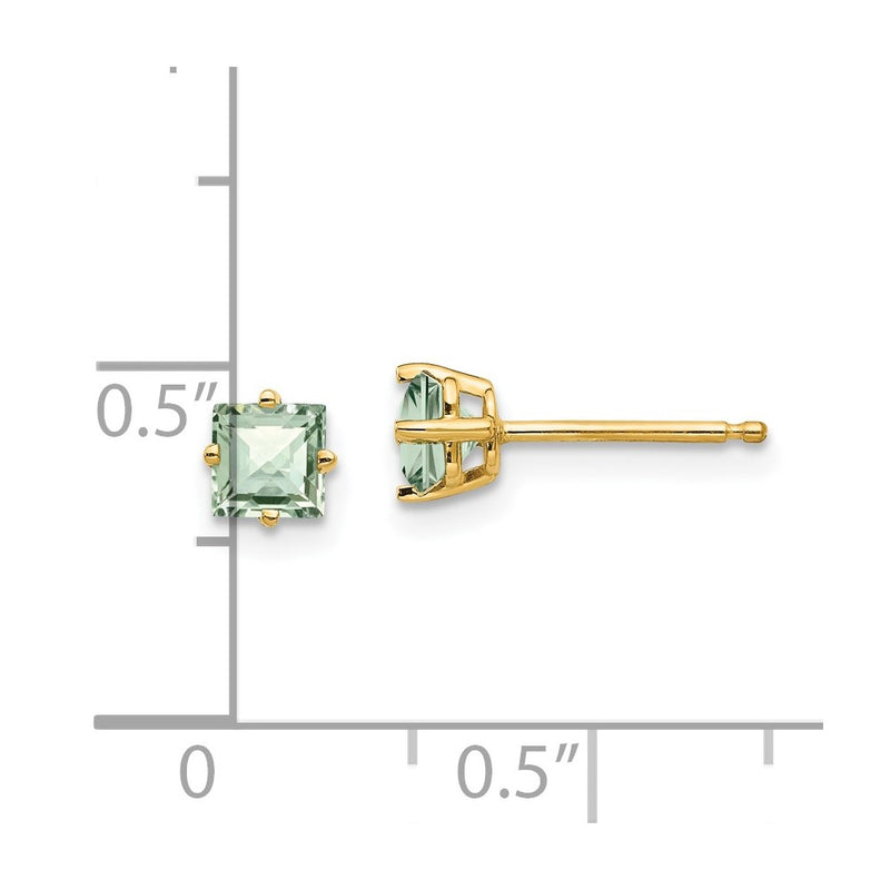 14k Yellow Gold 4mm Square Checker-Cut Green Quartz Earrings