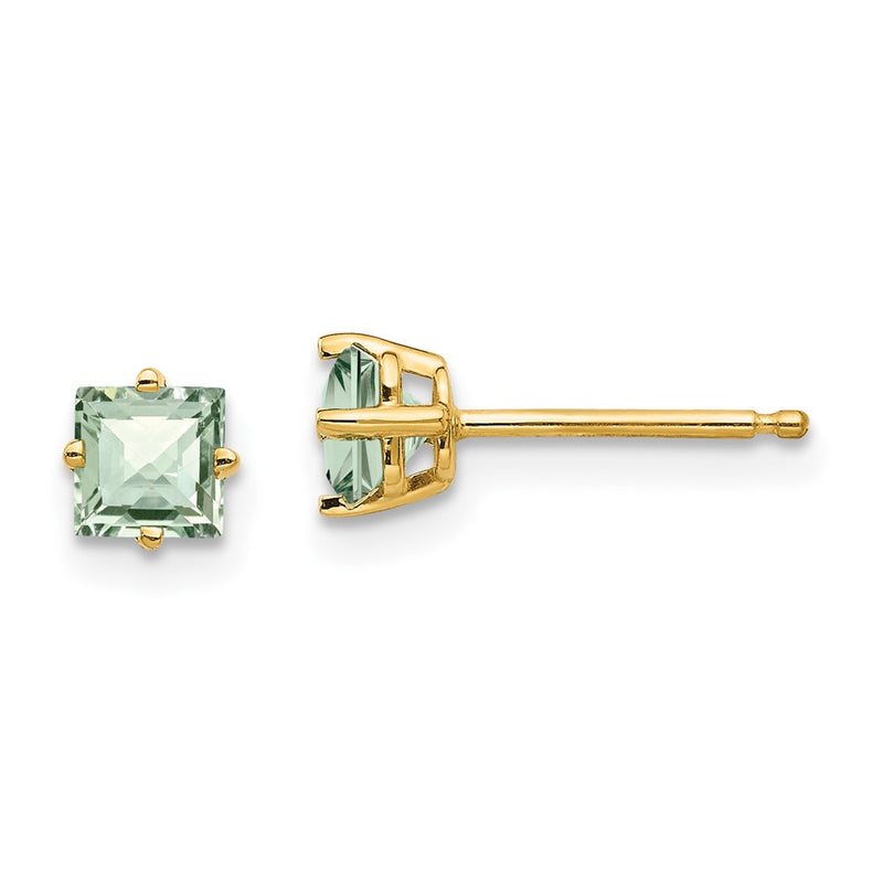 14k Yellow Gold 4mm Square Checker-Cut Green Quartz Earrings