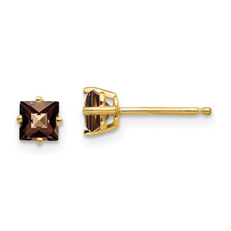 14k Yellow Gold 4mm Square Checker-Cut Smok Yellow Gold Quartz Earrings