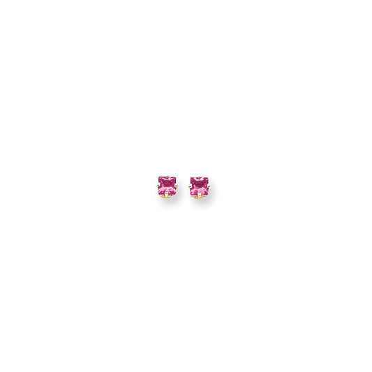 14k Yellow Gold 4mm Princess Cut Pink Tourmaline earring