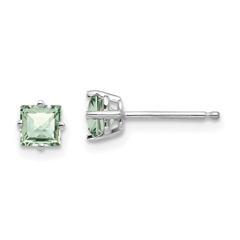 14k White Gold 4mm Square Checker-Cut Green Quartz Earrings