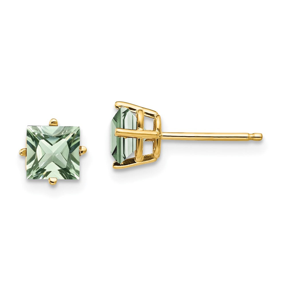 14k Yellow Gold 5mm Square Green Quartz Earring
