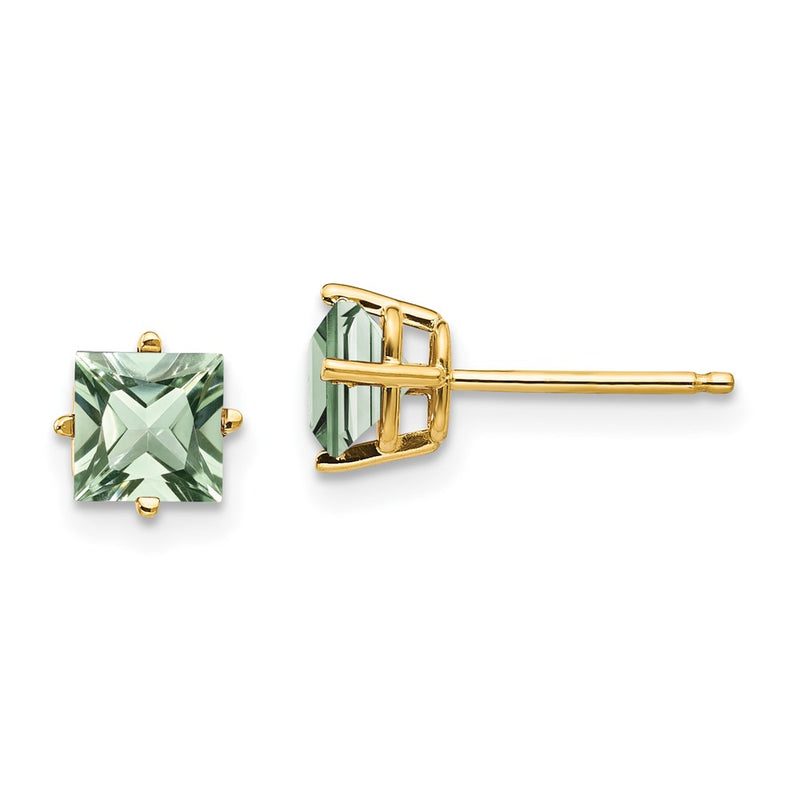 14k Yellow Gold 5mm Square Green Quartz Earring