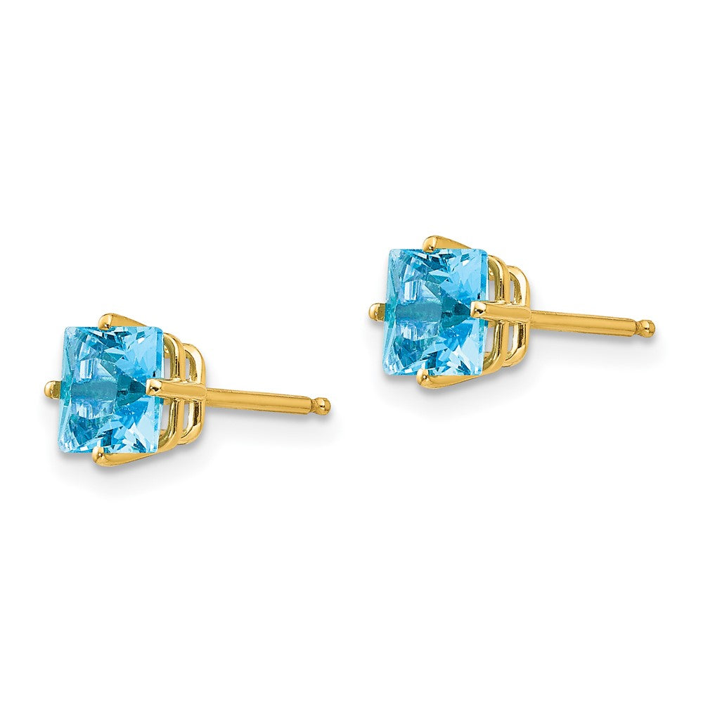 14k Yellow Gold 5mm Princess Cut Blue Topaz Earrings