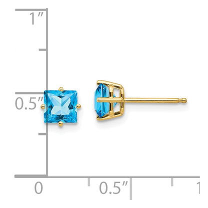 14k Yellow Gold 5mm Princess Cut Blue Topaz Earrings