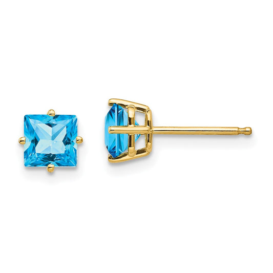 14k Yellow Gold 5mm Princess Cut Blue Topaz Earrings