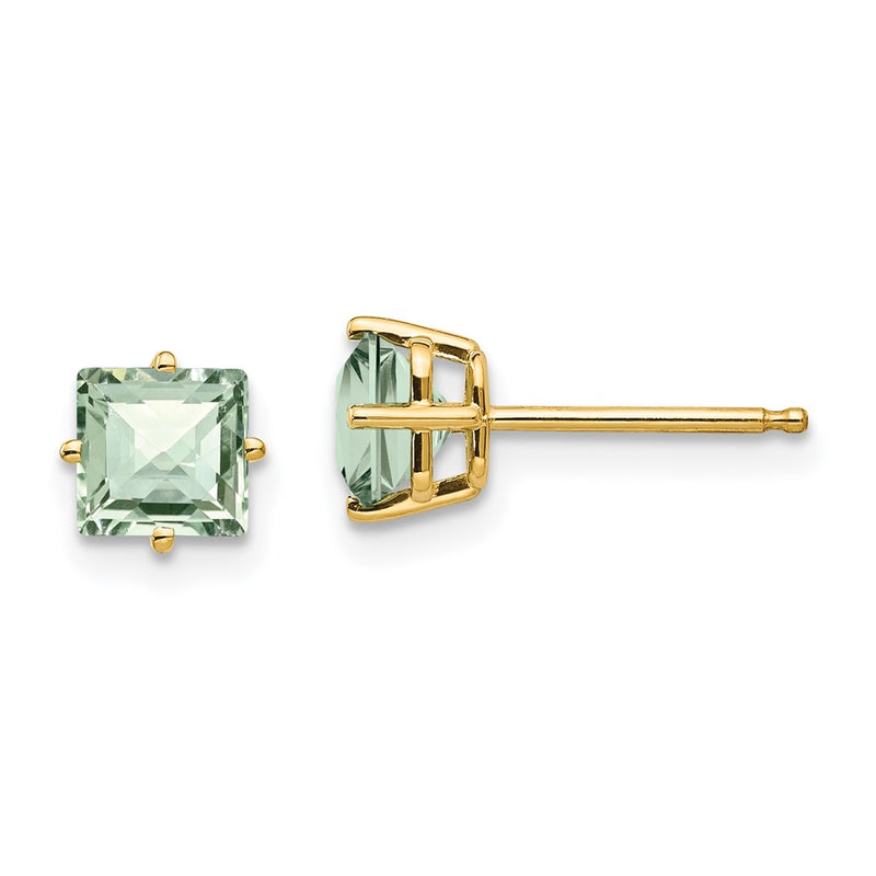 14k Yellow Gold 5mm Square Checker-Cut Green Quartz Earrings