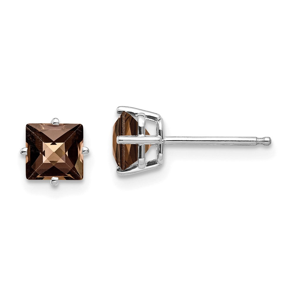 14k White Gold 5mm Square Checker-Cut Smok Yellow Gold Quartz Earrings