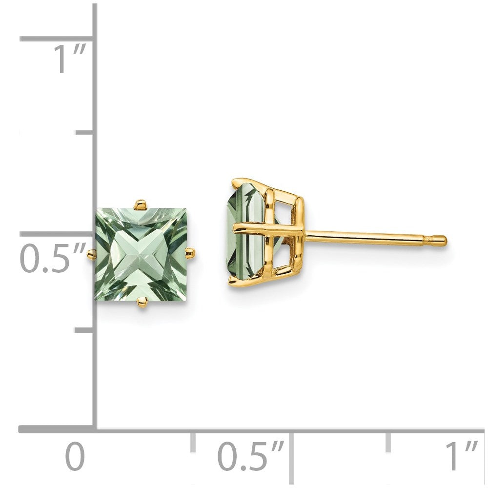14k Yellow Gold 6mm Square Green Quartz Earrings