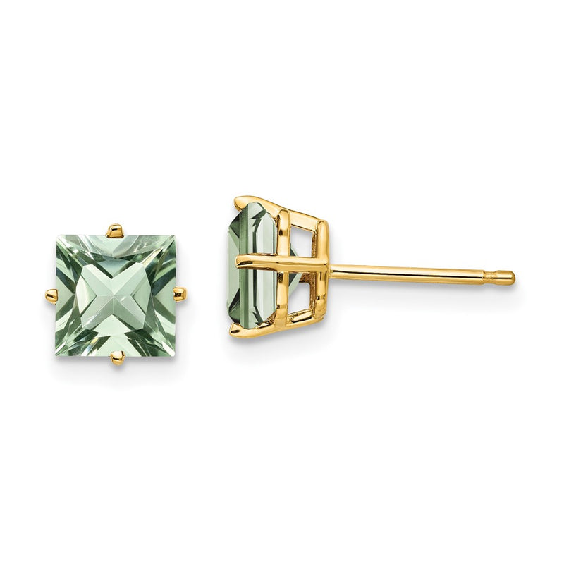 14k Yellow Gold 6mm Square Green Quartz Earrings