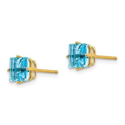 14k Yellow Gold 6mm Princess Cut Blue Topaz Earrings