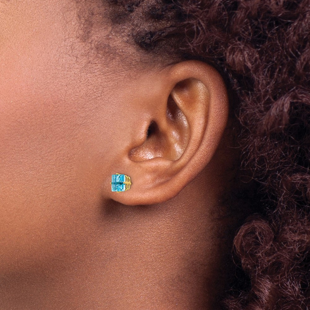 14k Yellow Gold 6mm Princess Cut Blue Topaz Earrings