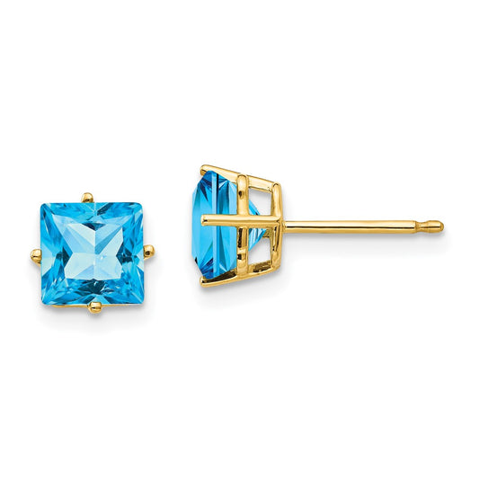 14k Yellow Gold 6mm Princess Cut Blue Topaz Earrings