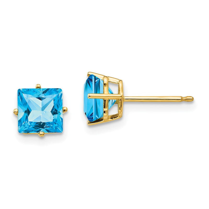 14k Yellow Gold 6mm Princess Cut Blue Topaz Earrings
