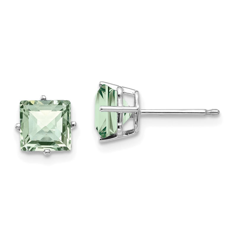14k White Gold 6mm Square Checker-Cut Green Quartz Earrings