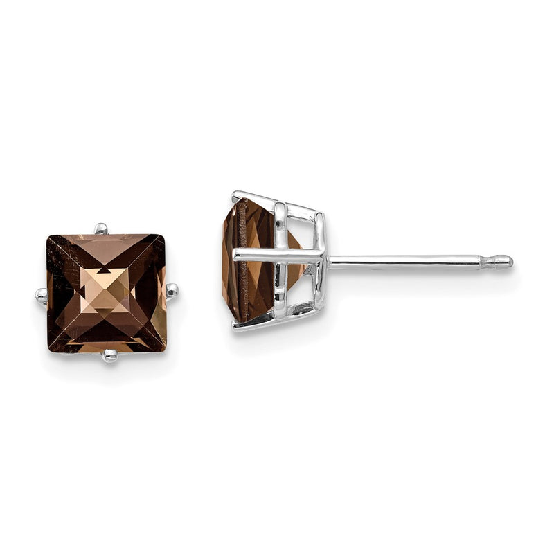 14k White Gold 6mm Square Checker-Cut Smok Yellow Gold Quartz Earrings
