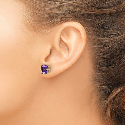 14k Yellow Gold 7mm Princess Cut Amethyst Earrings