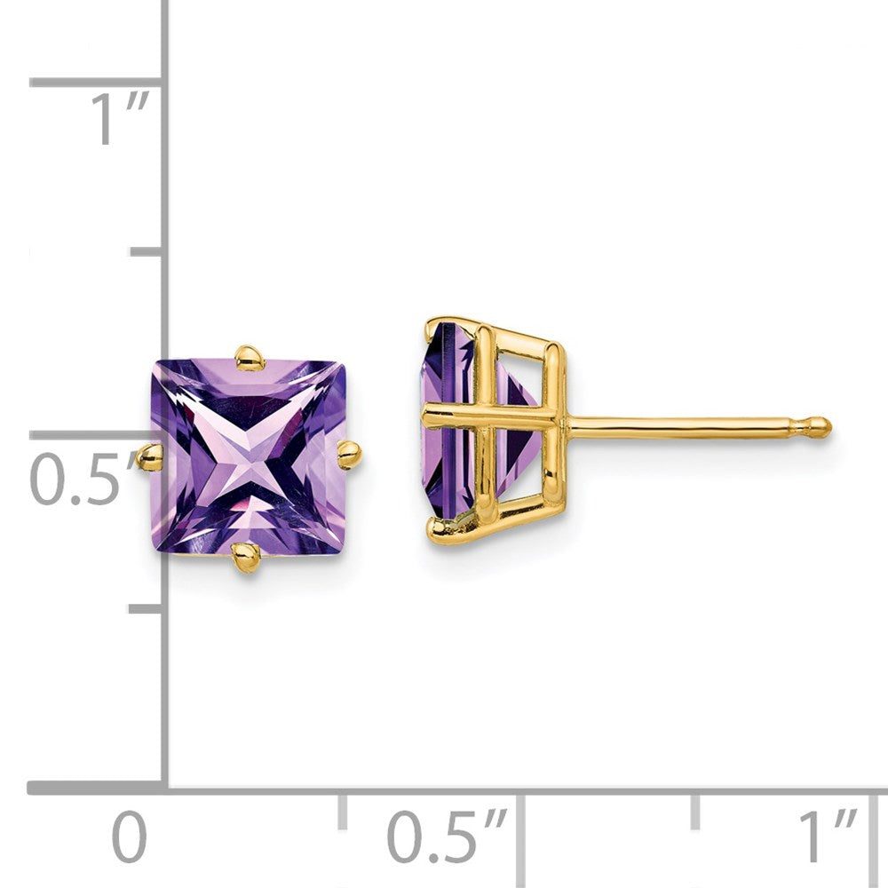 14k Yellow Gold 7mm Princess Cut Amethyst Earrings