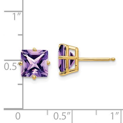 14k Yellow Gold 7mm Princess Cut Amethyst Earrings