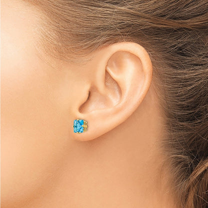 14k Yellow Gold 7mm Princess Cut Blue Topaz Earrings