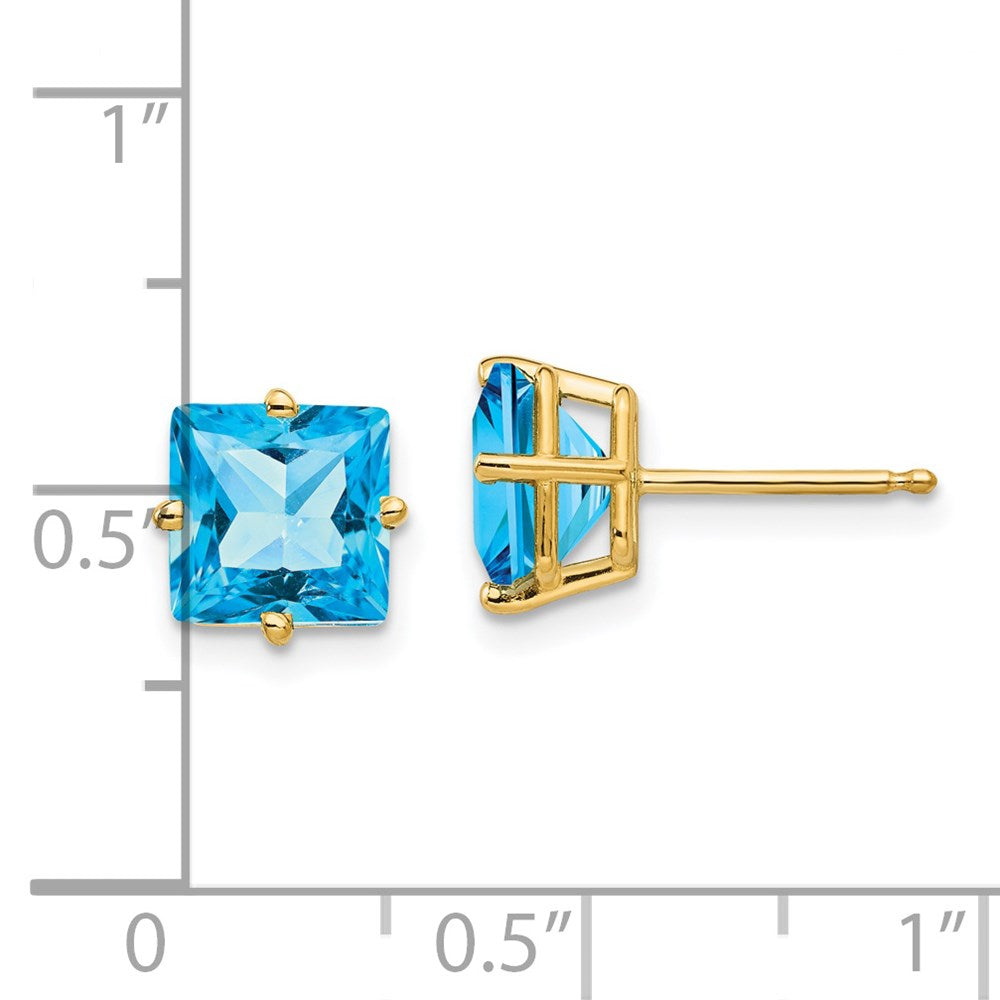 14k Yellow Gold 7mm Princess Cut Blue Topaz Earrings