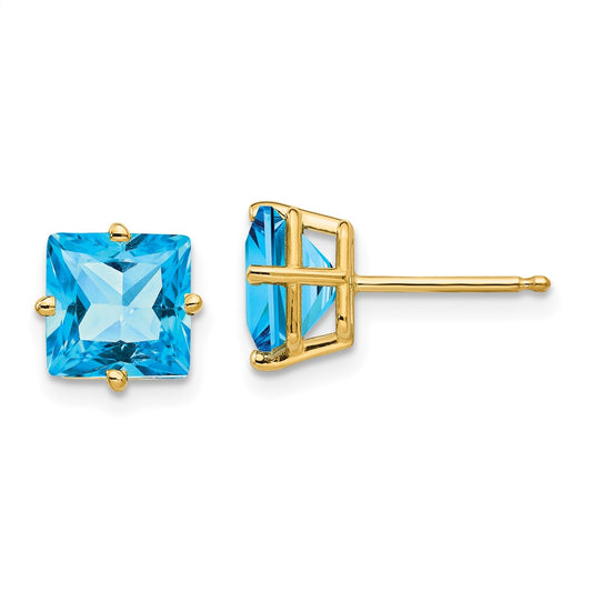 14k Yellow Gold 7mm Princess Cut Blue Topaz Earrings