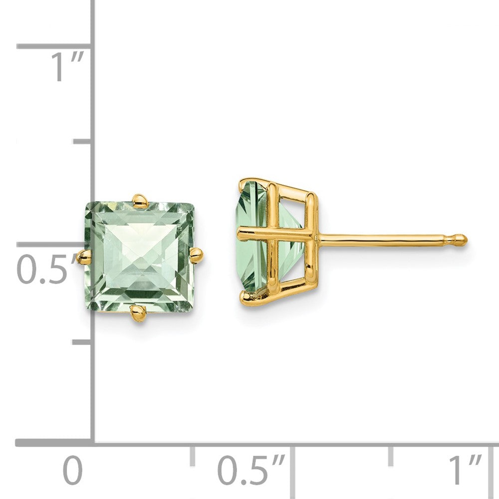 14k Yellow Gold 7mm Square Checker-Cut Green Quartz Earrings