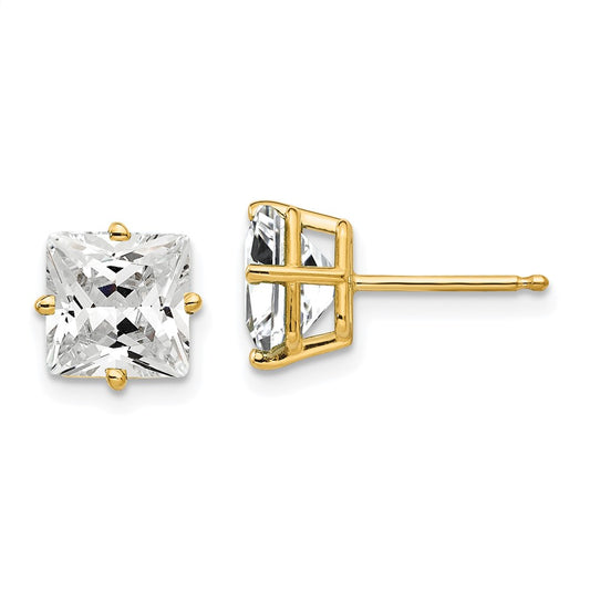 14k Yellow Gold 7mm Princess Cut Cubic Zirconia Earrings