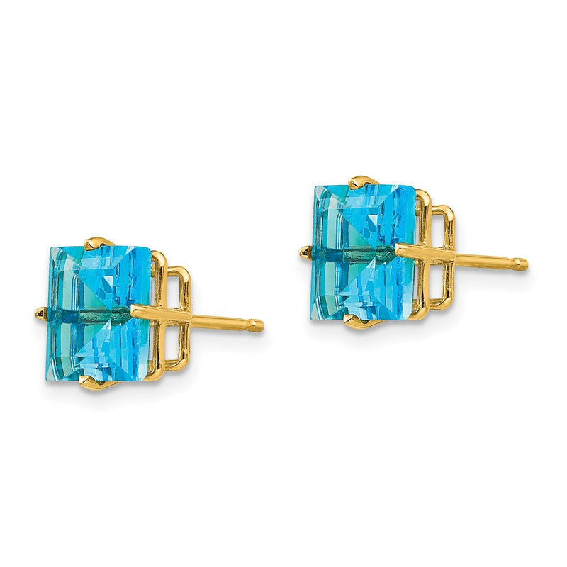 14k Yellow Gold 8mm Square Step Cut Blue Topaz Earrings