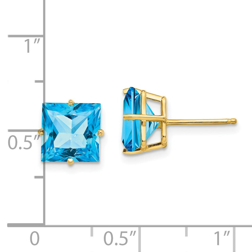 14k Yellow Gold 8mm Square Step Cut Blue Topaz Earrings