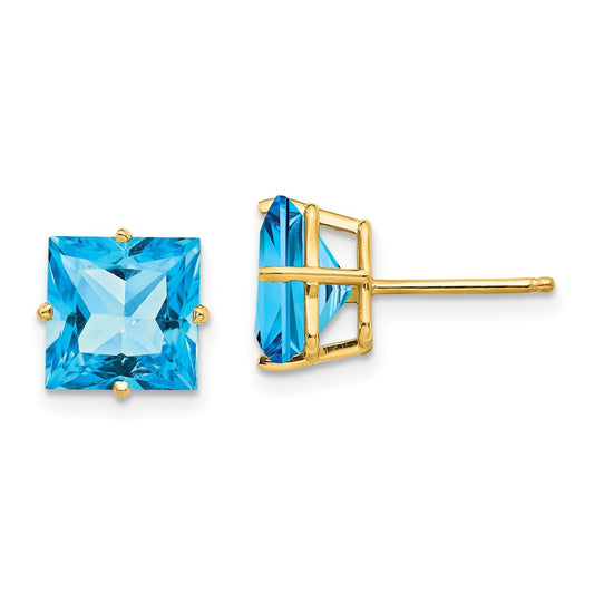 14k Yellow Gold 8mm Square Step Cut Blue Topaz Earrings